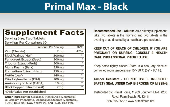 Primal Max Black Ingredients 